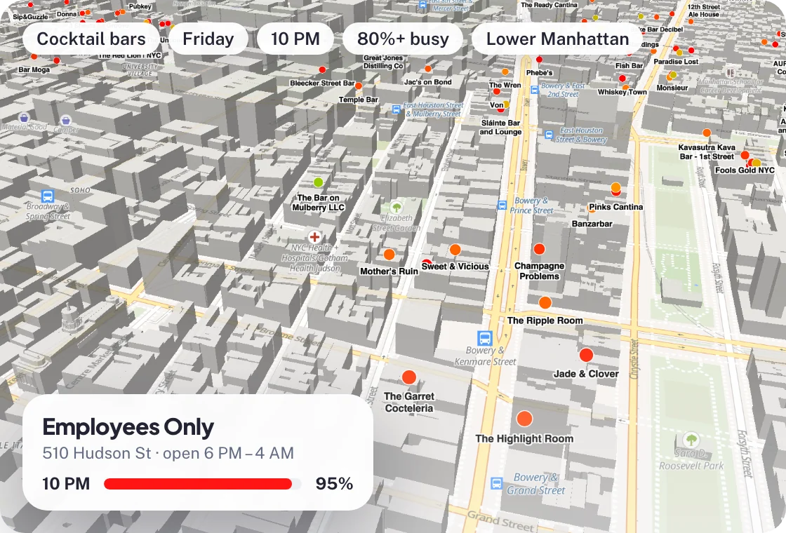 Map of cocktail bars in Lower Manhattan filtered to 80% busy or more on Friday at 10 PM