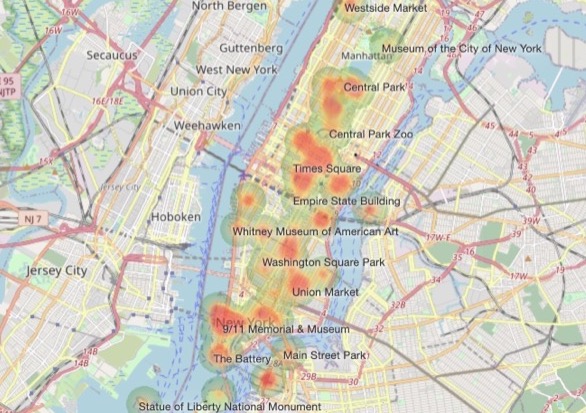 Foot traffic heatmap vizualization for Best bars East Village New York City on Thursday night (US)